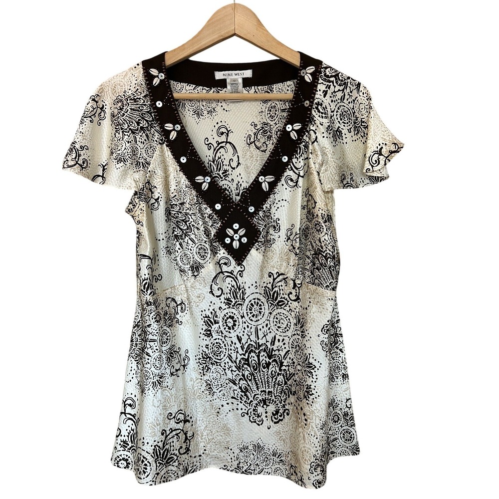 Vintage Babydoll Top Size M/12 Ivory Brown Sequins Seashells 90s Y2K 100% Silk
